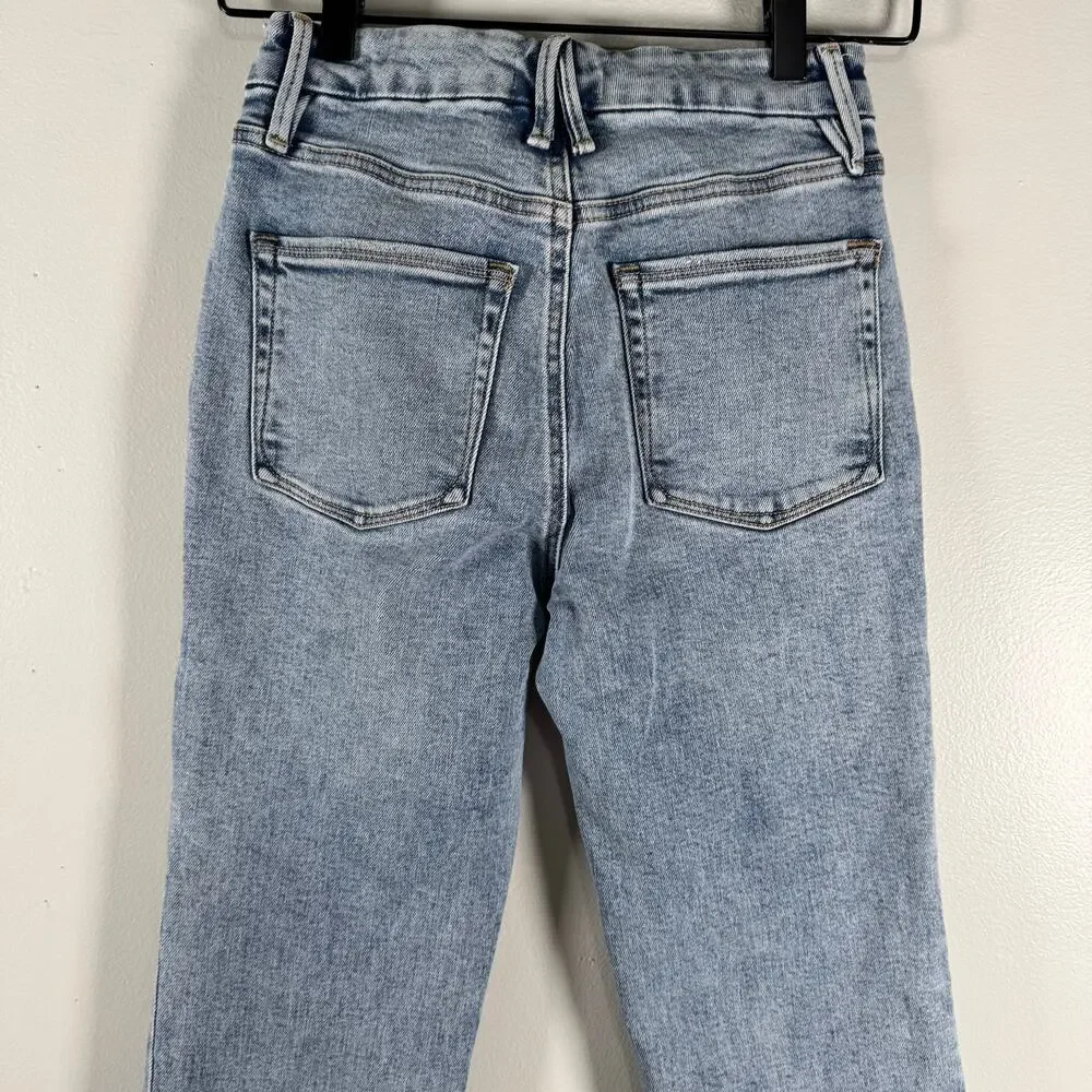 Good American Straight Leg Raw Hem Jeans Light Wash Indigo High Rise Womens Sz 0 - Picture 6 of 10